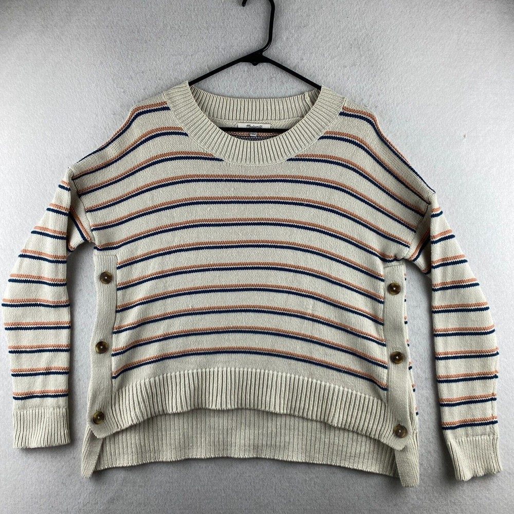 Madewell Sweater Womens XS Beige Birchmont Side-Button Striped Knit Pullover